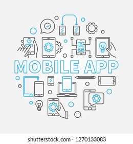 Mobile App vector concept circular illustration made of smart phone and computer outline icons