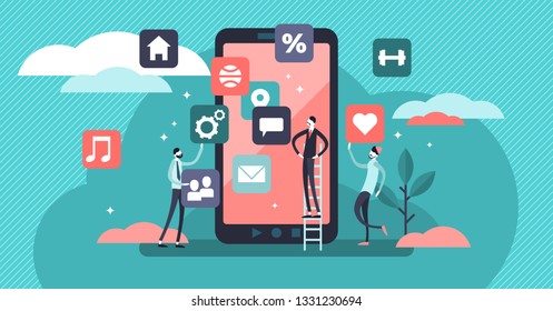 Mobile app vector illustration. Flat tiny phone application persons concept. Digital device software creation, programming and development. IT engineers coding and pictogram design teamwork process.