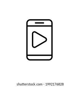 Video de aplicación móvil en smartphone. smartphone con icono de línea de botón de reproducción. Pantalla de Smartphone y reproducción de botones para icono de reproductor de medios, concepto de reproductor de medios, elementos de diseño gráfico, smartphone con