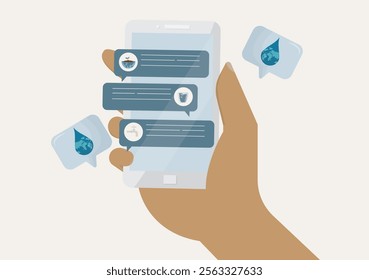 Mobile App for Water Conservation. hand holding a smartphone with chat bubbles displaying water conservation tips and icons. World water day vector. Sustainable management illustration. technologies