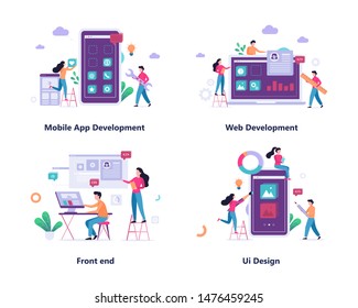 Mobile app and web development banner concept set. UX UI and front end design. Programming app for digital device. Creating interface for user. Isolated vector illustration in flat style