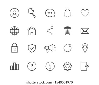 Mobile app and web icon line set. Editable stroke. Basic icon collection. Simple flat style design. Vector illustration. 