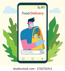 Mobile App und Website-Konzeption für sichere Online-Lieferung von Lebensmitteln. Helfer, geschützt mit Maske und Handschuhen. Bleib zu Hause und sei gesund. Liefert eine Lösung für den Warenverkehr.