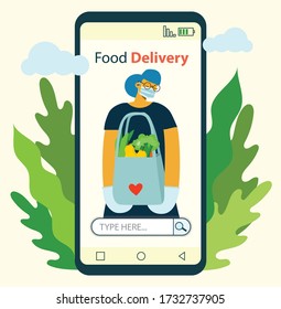 Mobile app and website concept design for safe online food delivery service. Delivery service worker girl protected with mask and gloves. Stay at home and be healthy. Delivery goods business solution.