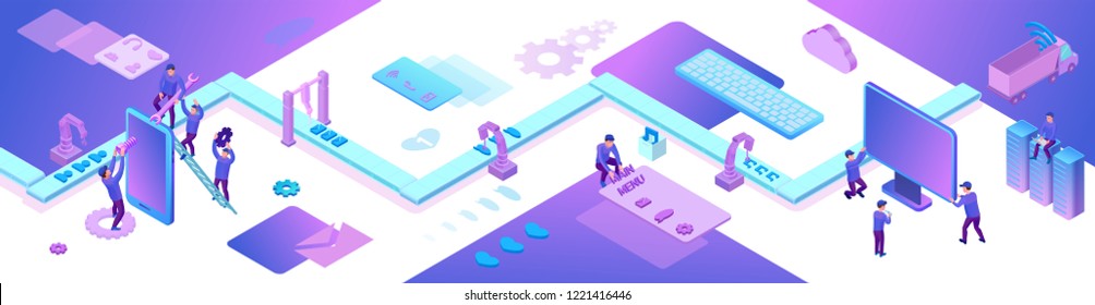 Mobile app and website development 3d isometric concept, software management vector illustration, developer at conveyor building smartphone application, trendy violet background, landing page banner