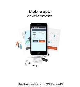 Mobile app & website development, flat design illustration of mobile phone, app screens & mockup buttons
