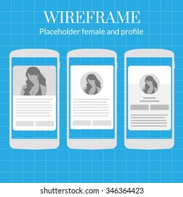 Mobile App Wire frame Blueprint Kit. Female Profile Picture Placeholder. Profile screen,  information screen. Flat style vector. Design social profile template. avatar people.