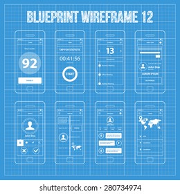 Mobile App Wireframe Blueprint Ui Kit 12. Score screen, timer screen, schedule screen, credit card screen, profile screen, timeline screen, messages screen, travel information screen,.