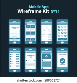 Mobile App Wireframe Dark Ui Kit 11. Blog post screen, image gallery post screen, statistics screen, achievements screen, social connection screen, news screen, feed screen, congratulations screen.