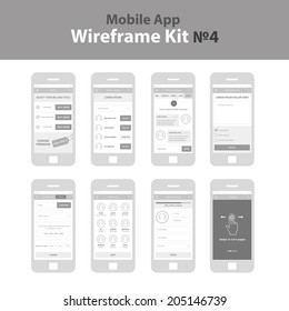 Mobile App Wireframe Ui Kit 4. Order plan screen, select contacts screen, write message screen, advertisement screen, credit card payment screen, friendlist screen, update profile screen, tutorial.