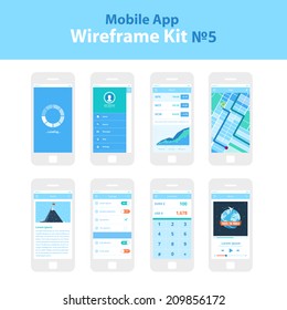 Mobile App Wireframe Ui Kit ?5. Loading screen, sidebar screen, stocks screen, map screen, article screen, settings screen, converter screen, music player screen, mobile phone and devices screens.