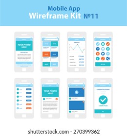 Mobile App Wireframe Ui Kit 11. Blog post screen, image gallery post screen, statistics screen, achievements screen, social connection screen, news screen, feed screen, congratulations screen.