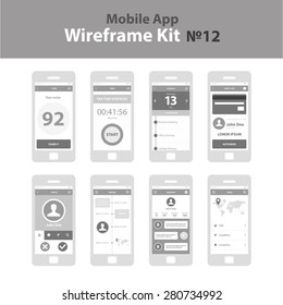 Mobile App Wireframe Ui Kit 12. Score screen, timer screen, schedule screen, credit card screen, profile screen, timeline screen, messages screen, travel information screen,.