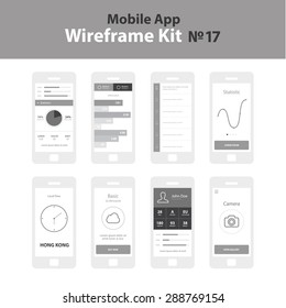Mobile App Wireframe Ui Kit 17.Statistics screen, information screen, timeline screen, growth graphic screen, local time screen, package choose screen, user info screen, camera gallery screen.