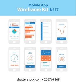 Mobile App Wireframe Ui Kit 17.Statistics screen, information screen, timeline screen, growth graphic screen, local time screen, package choose screen, user info screen, camera gallery screen.