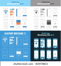 Mobile App Wireframe Ui Kit 17 collection.Statistics screen, information screen, timeline screen, growth graphic screen, local time screen, package choose screen, user info screen.