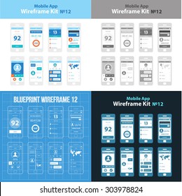 Mobile App Wireframe Ui Kit 12. Score screen, timer screen, schedule screen, credit card screen, profile screen, timeline screen, messages screen, travel information screen.
