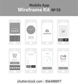 Mobile App Wireframe Ui Kit 19. Create A Password Screen, World Time Clock Screen, Upload Your Photo Screen, Choose Your Picture Screen, Go Shopping Screen, Register Information Screen, Searching