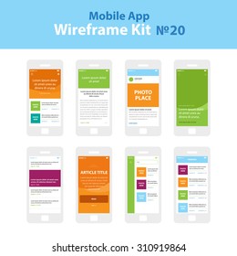 Mobile App Wireframe Ui Kit 20. Article post main screen, article read screen, user profile articles list screen, main photo with headline screen, post list screen, article title screen, search.