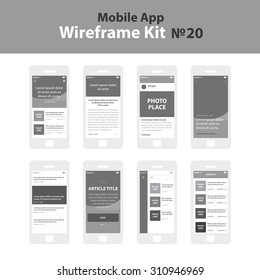 Mobile App Wireframe Ui Kit 20. Article post main screen, article read screen, user profile articles list screen, main photo with headline screen, post list screen, article title screen, search.