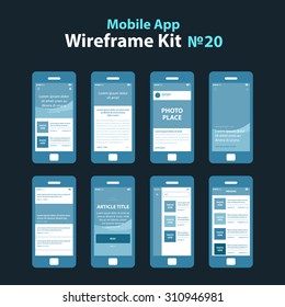 Mobile App Wireframe Ui Kit 20. Article post main screen, article read screen, user profile articles list screen, main photo with headline screen, post list screen, article title screen, search.