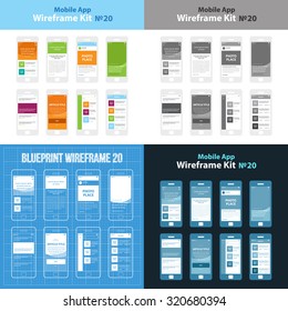 Mobile App Wireframe Ui Kit 20. Article post main screen, article read screen, user profile articles list screen, main photo with headline screen, post list screen, article title screen, search