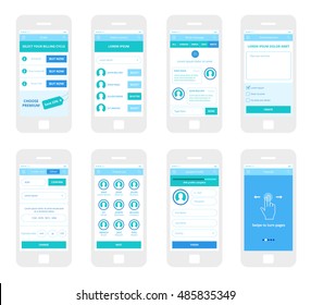 Mobile App Wireframe Ui Kit. Order plan screen, select contacts screen, write message screen, advertisement screen, credit card payment screen, friendlist screen, update profile screen, tutorial.