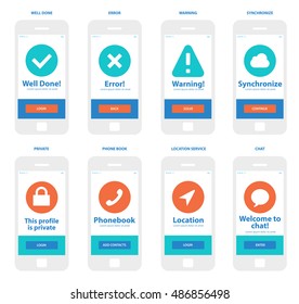 Mobile App Wireframe Ui Kit. Well done screen, error screen, warning screen, synchronize screen, private screen, phone book screen, location service screen, chat screen. Notification collection.