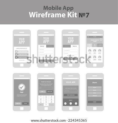 Mobile App Wireframe Ui Kit 7. Welcome screen, sign in screen, sign up screen, profile screen, tutorial screen, take the tour screen, verify account screen, your app screen, register screen, share.