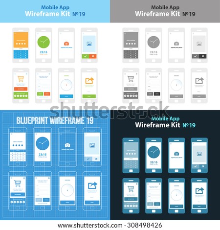 Mobile App Wireframe Ui Kit 19. Create a password screen, world time clock screen, upload your photo screen, choose your picture screen, go shopping screen, register information screen, searching