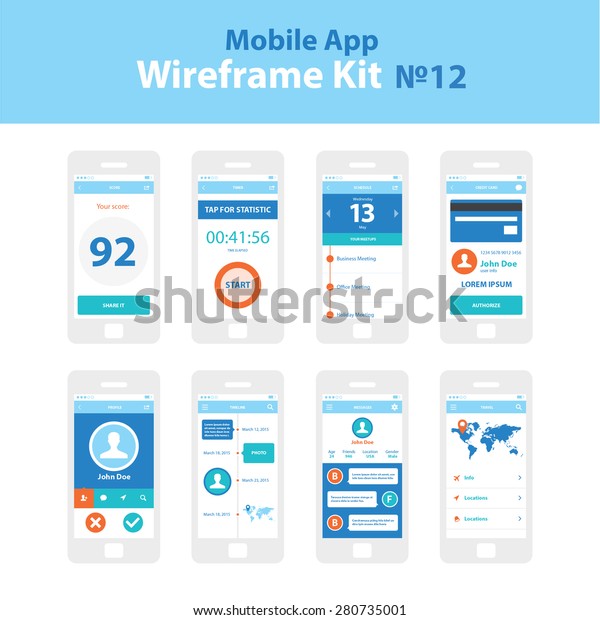 Mobile App Wireframe Ui Kit 12 スコア画面 タイマー画面 スケジュール画面 クレジットカード画面 プロファイル画面 タイム ライン画面 メッセージ画面 旅行情報画面 のベクター画像素材 ロイヤリティフリー