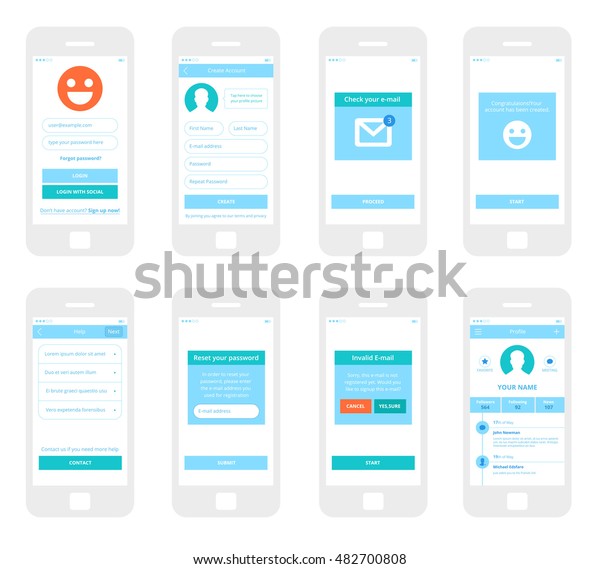 Mobile App Wireframe Ui Kit 1 スプラッシュ画面 アカウントの作成 電子メールの確認 ログイン画面 ヘルプ画面 パスワードのリセット画面 無効な電子メール画面 プロファイル画面 メイン画面 サインアップ画面 のベクター画像素材 ロイヤリティフリー