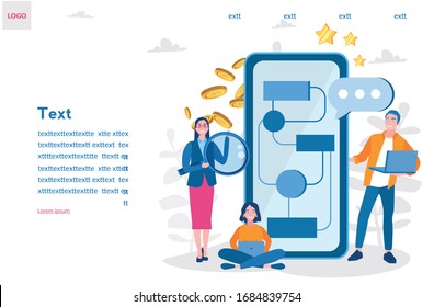 Mobile App Workflow Process. Vector illustration for web banner, infographics, mobile. Boss Chief Leader with Executive Manager . Digital Product on Phone Screen. 