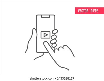 Mobile app youtube on smartphone. smartphone with play button line icon.  Hand holding mobile phone. Youtube icon
