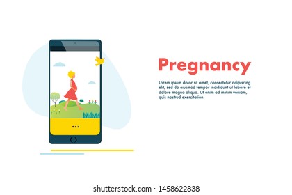 Mobile application with active pregnant woman walking. Vector illustration. Planning of pregnancy. Female reproductive, fertility or hormone health concept. Template for banner, website, ad