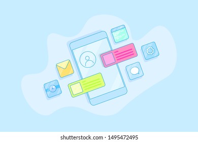 Mobile application, app development, communication, technology - flat outline vector illustration isolated on sky blue background