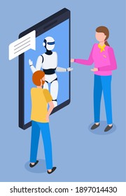 Mobile Application, Artificial Intelligence. Online Chat With Droid System. Simulation Of Conversation With Assistant At Phone. Help Chat Bot Talking With People, Dialogue. Isometric 3d Illustration