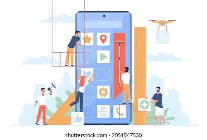 Mobile application build. UI designers and programmers group create new phone software, digital developers, app construction, huge smartphone and little people, vector isolated concept