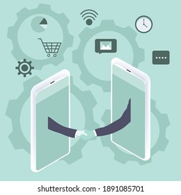 Mobile application Business communication in mobile technology concept Modern communication, vector style, hand drawn illustration