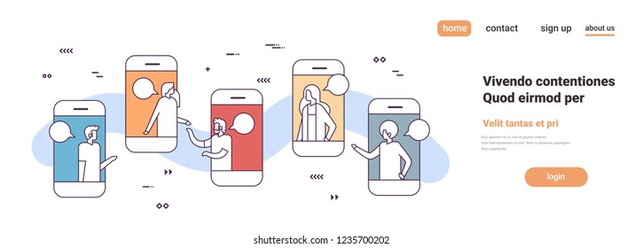 mobile application business people online chat bubble social network communication concept smartphone screen horizontal copy space line