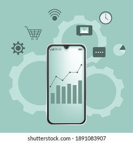 Mobile application Mobile business stock checking technology concept Modern communication, vector style, hand drawn illustration