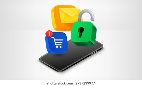 Mobile application buttons with modern smartphone. 3d vector illustration