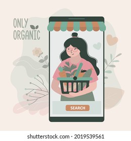 Mobile application for buying organic products. Girl with set of organic food in basket. Online store with healthy vegan food on smartphone screen. Order grocery in application. Vector illustration