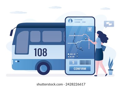 Aplicación móvil para comprar billetes en línea. Usuario femenino reserva billetes de autobús digital. Autobús, pasajero y celular con aplicación de ruta. Transporte público, transporte interurbano. Ilustración vectorial plana