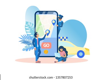 Mobile Application Call Taxi Vector Illustration. Flat Cartoon on Colored Background. Foreground is Large Smartphone with Map on Screen. Girl Orders Taxi Through Application on Laptop.