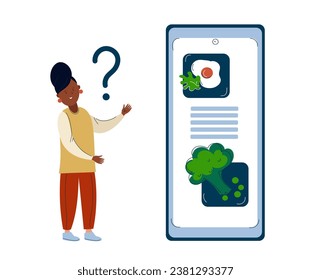 Mobile application for calorie counting. Idea of healthy nutrition and meal portion.  African american woman counting calories with smartphone app. Counting calories in food.