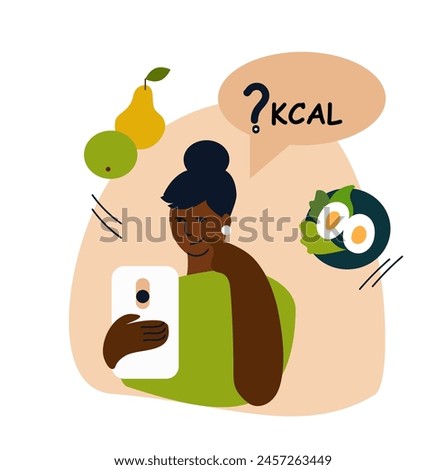 Mobile application for calorie counting. Idea of healthy nutrition and meal portion. Counting calories in food.  Fastfood vs balanced menu comparison isolated clipart.