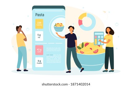 Mobile application for calorie counting. Tiny people with diagram on giant mobile phone and fresh food vegetables count calorie. Flat cartoon vector illustration