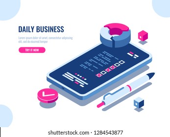 Mobile application with check sheet of daily business, checklist on screen of mobile phone, business control and analysis,organization of task, organiser isometric flat vector illustration