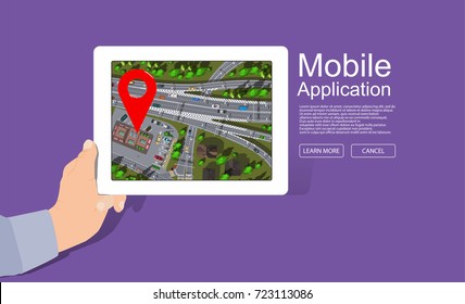 Mobile application with city map on white digital tablet screen